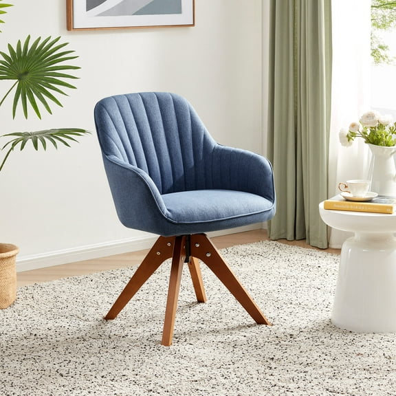 BELLEZE Mid Century Modern Swivel Accent Chair Linen Upholstered with Beech Wood Legs, Cute Desk Task Chair Armchair for Living Room Bedroom Home Office - Kameron(Navy Blue)