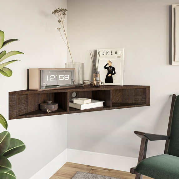 BELLEZE Modern Floating Wall Mounted Corner Shelf, 47" TV Console With Three Shelves And A Cable Cutout, Space Saving Decorative Media Corner Storage - Russel (Espresso)