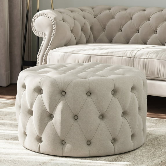 BELLEZE Modern 29 Inch Luxury Button Tufted Ottoman Bench, Upholstered Linen Fabric Footrest Decor for Living Room, Entryway, or Bedroom - Elenor (Beige)
