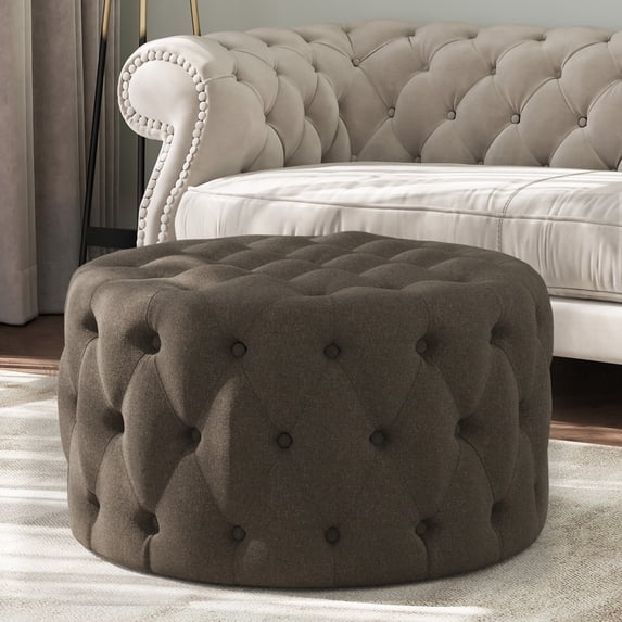 BELLEZE Modern 29 Inch Luxury Button Tufted Ottoman Bench, Upholstered Linen Fabric Footrest Decor for Living Room, Entryway, or Bedroom - Elenor (Brown)
