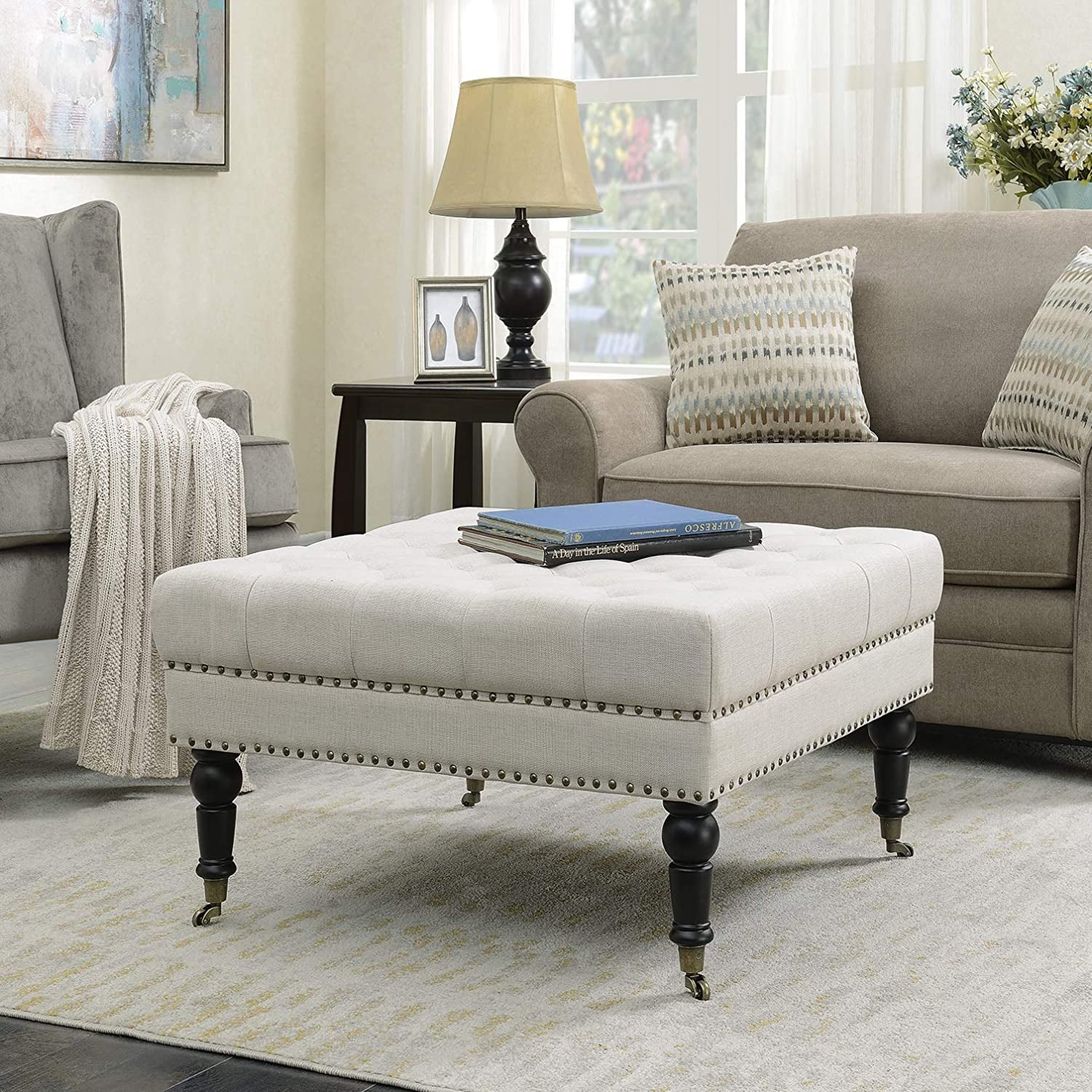 BELLEZE 46 Inch Ottoman Bench Button-Tufted Oval Storage Stool - Gray Linen Upholstered Foot Rest Coffee Table