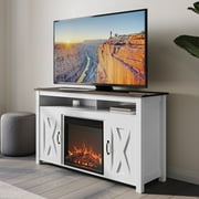 BELLEZE Modern 48 Inch Barn Door Wood TV Stand with 18 Inch Electric Fireplace & Media Entertainment Center Console Table for TV up to 50 Inch with Two Open Shelves and Cabinets - Corin White