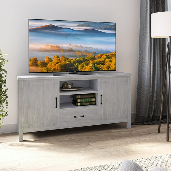 BELLEZE Modern 60 Inch Farmhouse TV Stand or Entertainment Center for TVs Up to 65 Inches, Sideboard Kitchen Buffet Storage Cabinet with Shelves and Storage - Virat (Stone Gray)