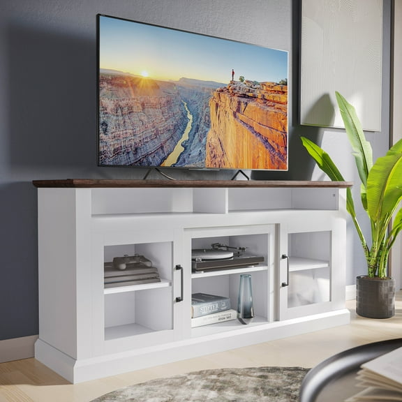 BELLEZE Modern 60 Inch Traditional TV Stand & Media Entertainment Center Console Table for TVs up to 65 Inches with Open Storage Shelves & Cabinets - Cayman (White)