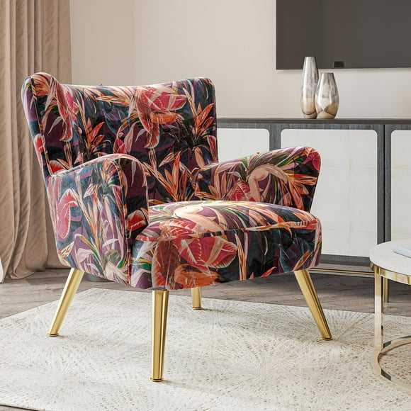 BELLEZE Modern Accent Chair, High Back Floral Pattern Armchair with Metal Legs, Upholstered Wingback Single Chair for Living Room Bedroom Office - Holland (Red Floral)