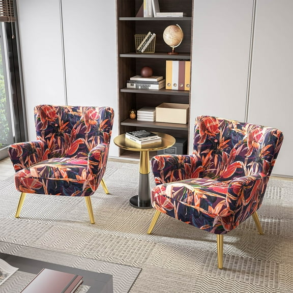 BELLEZE Modern Accent Chair, High Back Floral Pattern Armchair with Metal Legs, Upholstered Wingback Single Chair for Living Room Bedroom Office [Set of 2] - Holland (Red Floral)