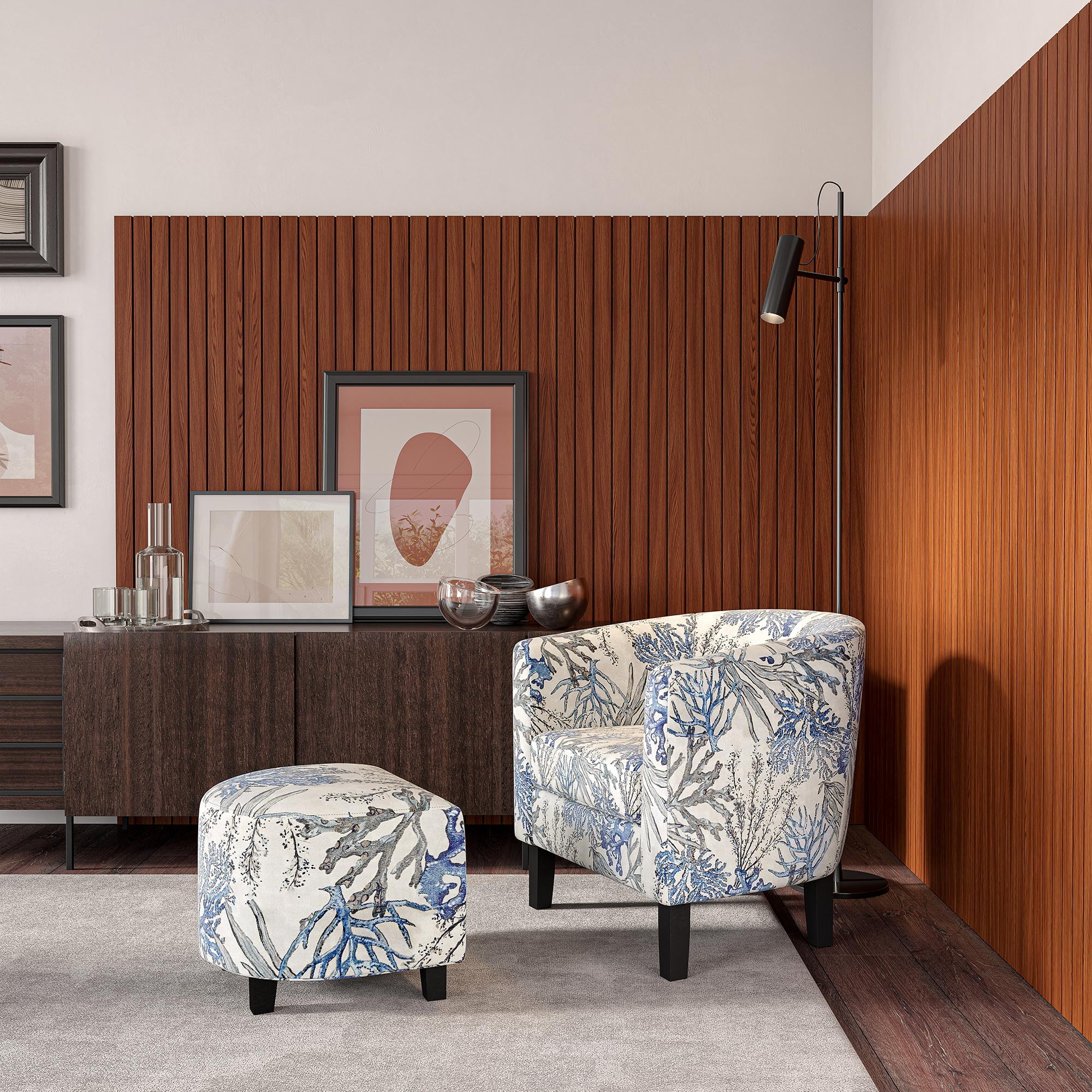 Blue and White Floral Barrel Accent Chair with Ottoman