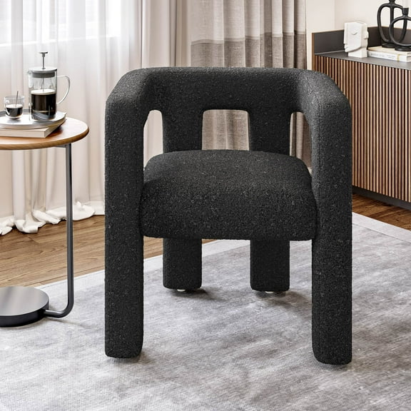 BELLEZE Modern Boucle Chair, Linen Dining Chair with Barrel Sidearms and Back, Minimalist Upholstered Kitchen Armchair for Dining Room - Lisbon (Black)
