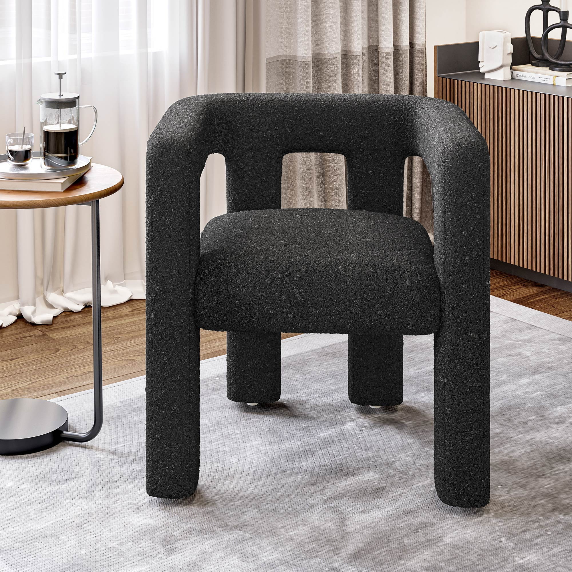 Black Linen Upholstered Barrel Side Chair with Wood Frame