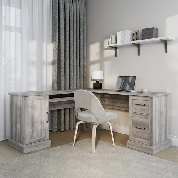 BELLEZE Modern Corner L-Shaped Home Office Computer Laptop Desk or Writing Study Workstation with Keyboard Tray, Two Drawers and Cabinet - Barlow (Gray Wash)