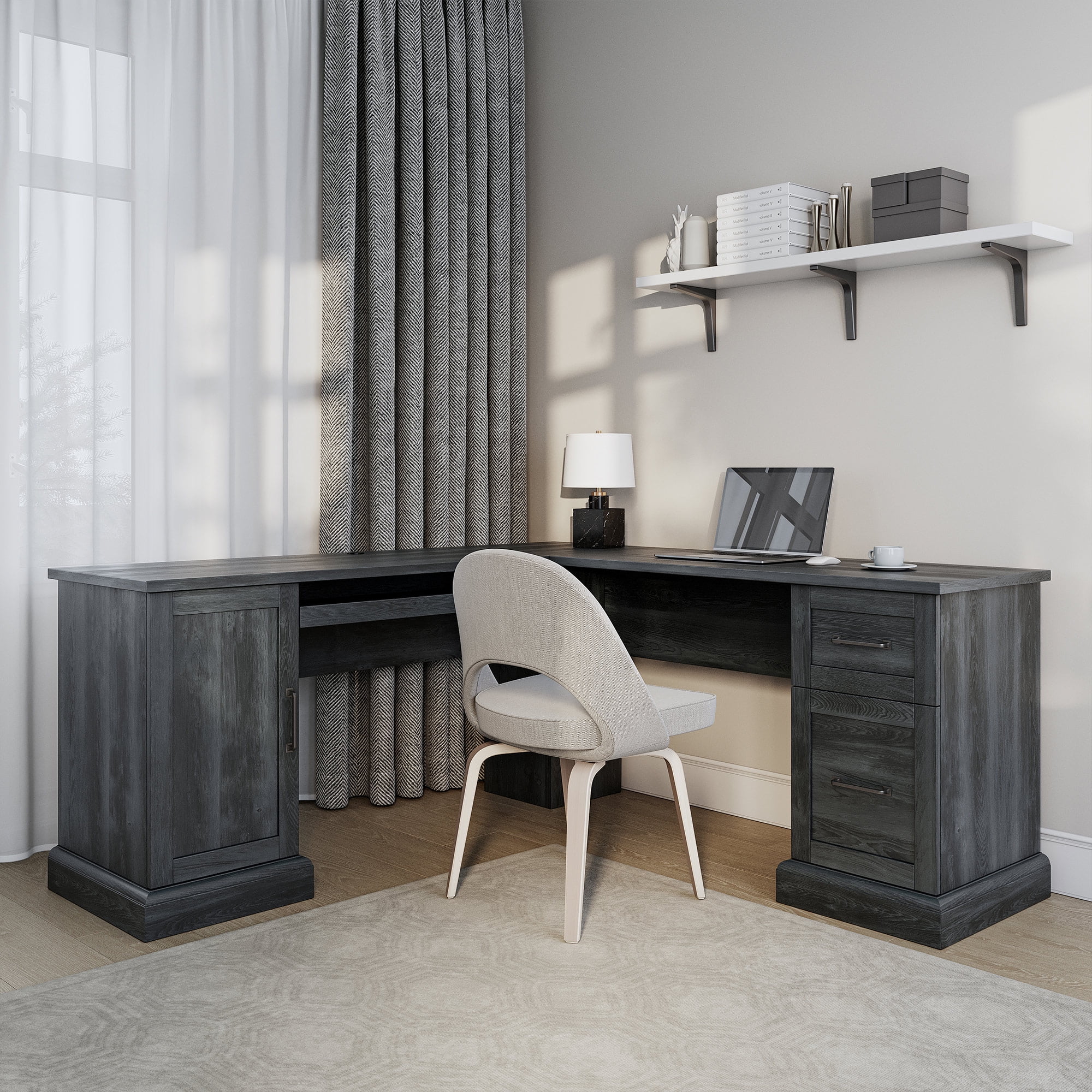 BELLEZE Modern Corner L-Shaped Home Office Computer Laptop Desk or Writing Study Workstation with Keyboard Tray, Two Drawers and Cabinet - Barlow (Rustic Gray)