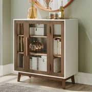 BELLEZE Modern Curio Cabinet, 3-Tier Storage/Pantry Cabinet with Adjustable Shelves, Wooden Side Storage Organizer for Living Room, Bedroom & Entryway, Glass Display Cabinet - Troy Brown