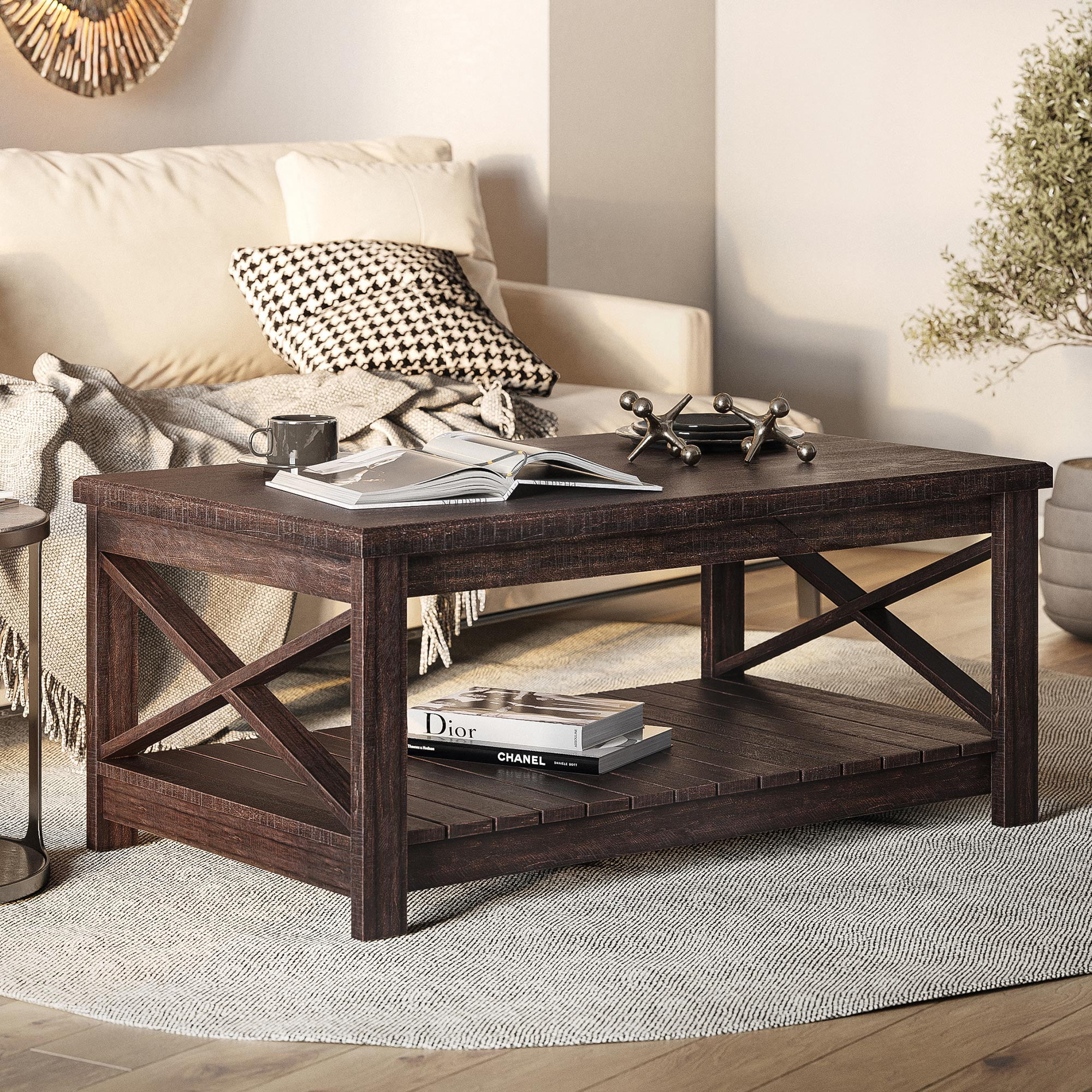 BELLEZE Modern Farmhouse Industrial Style Coffee Table With Cutout Sides And Storage Shelf Open Style Versatile Accent Furniture Veropeso