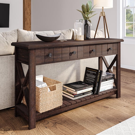 BELLEZE Modern Farmhouse Industrial Style Console Table With Drawers, Cutout Sides, Storage Shelf, Open Style Versatile Accent Furniture - Veropeso (Espresso)