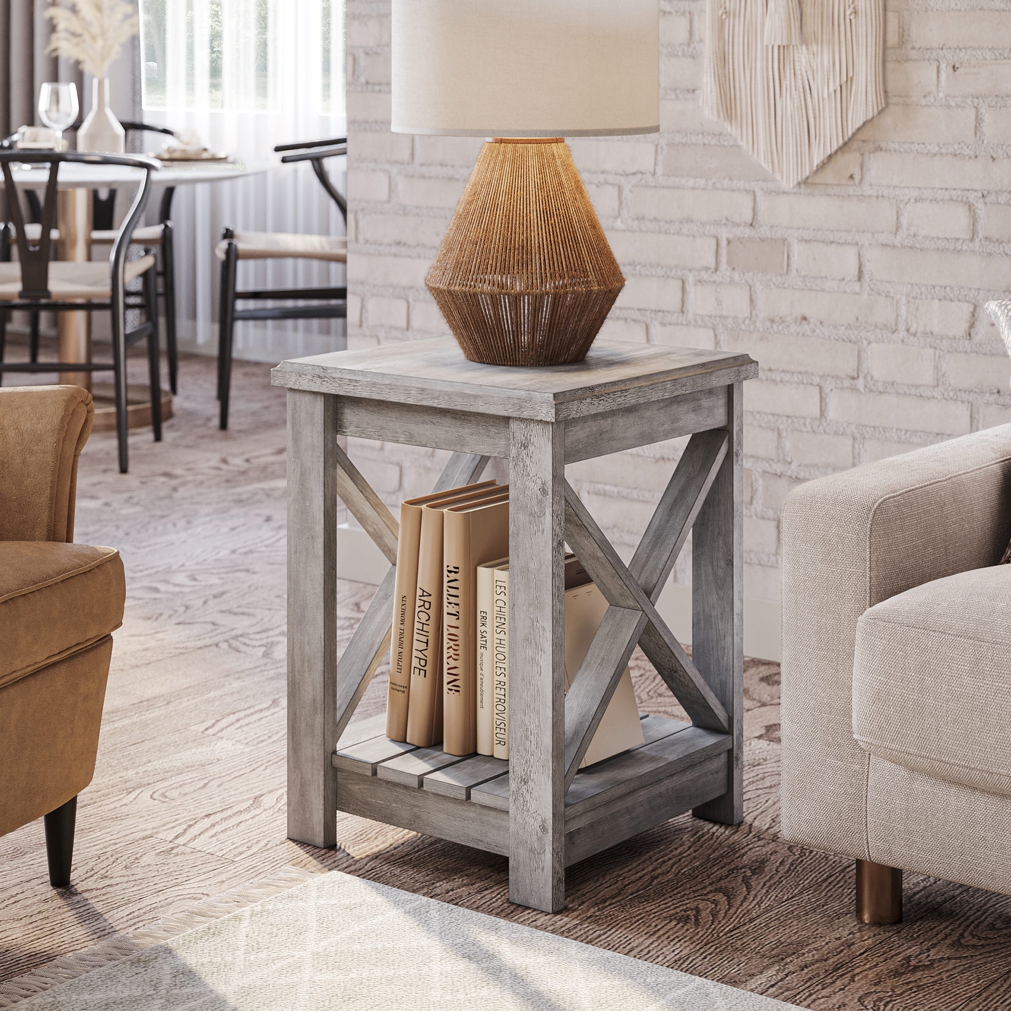BELLEZE Modern Farmhouse Industrial Style End Table Or Nightstand With Cutout Sides And Storage Shelf Open Style Versatile Accent Furniture