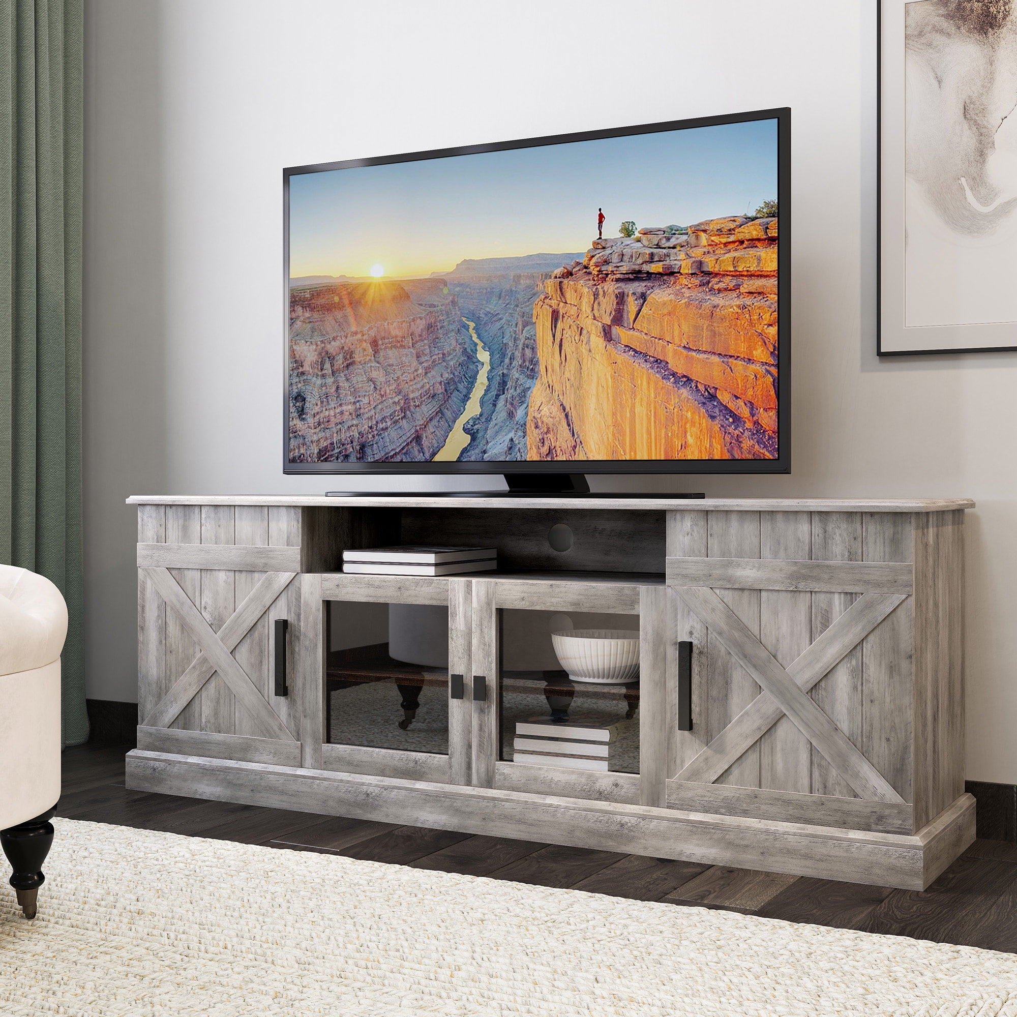 BELLEZE Modern Farmhouse Industrial Style Entertainment Stand For TVs Up To 75 Inches, Versatile Media Cabinet With Shelves And Storage - Veropeso (Gray Wash)