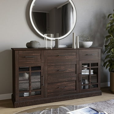 BELLEZE Modern Farmhouse Industrial Style Sideboard Buffet Console Table, Versatile Media Cabinet With Drawers And Adjustable Shelves - Astorga (Espresso)
