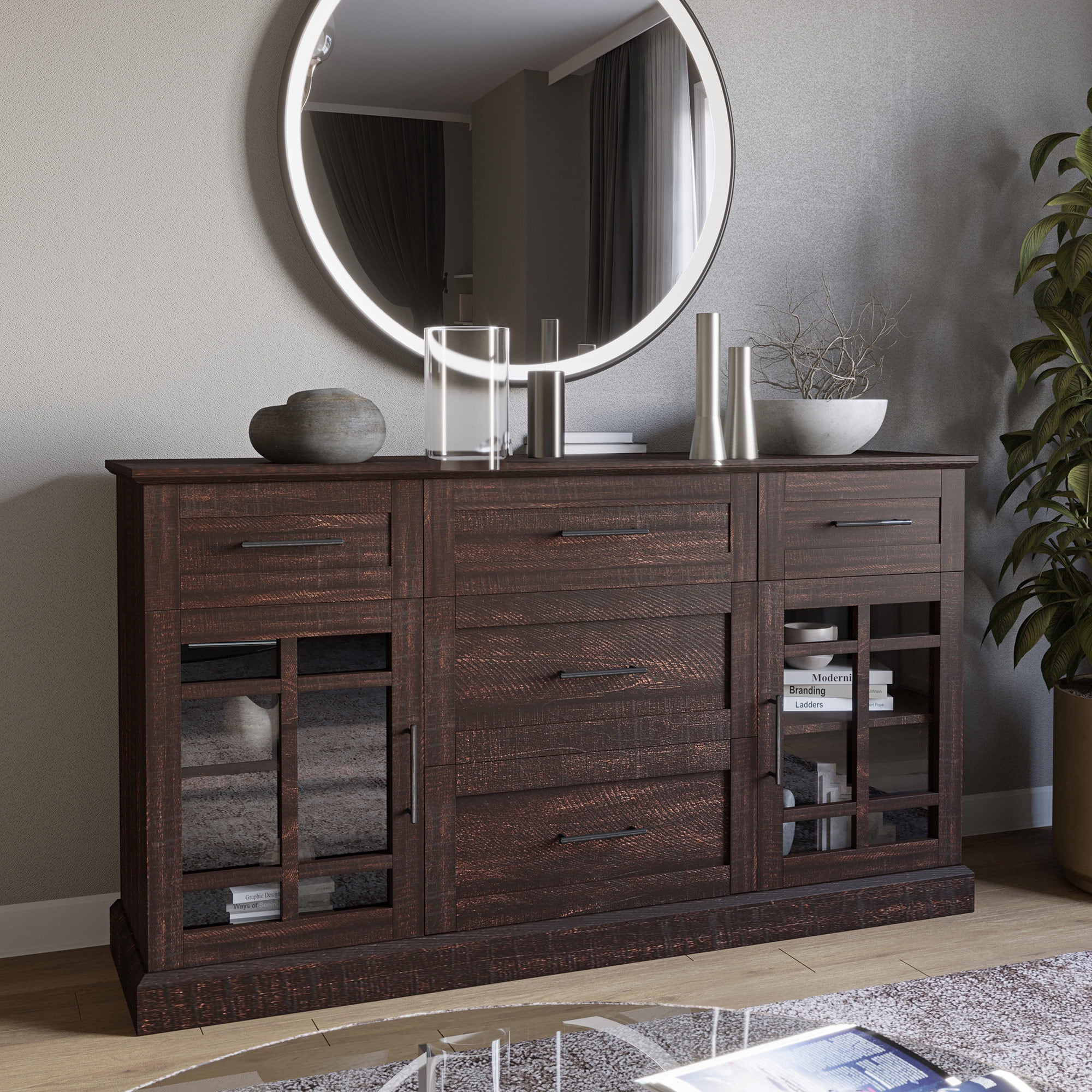 Espresso Modern Farmhouse Sideboard with Adjustable Shelves
