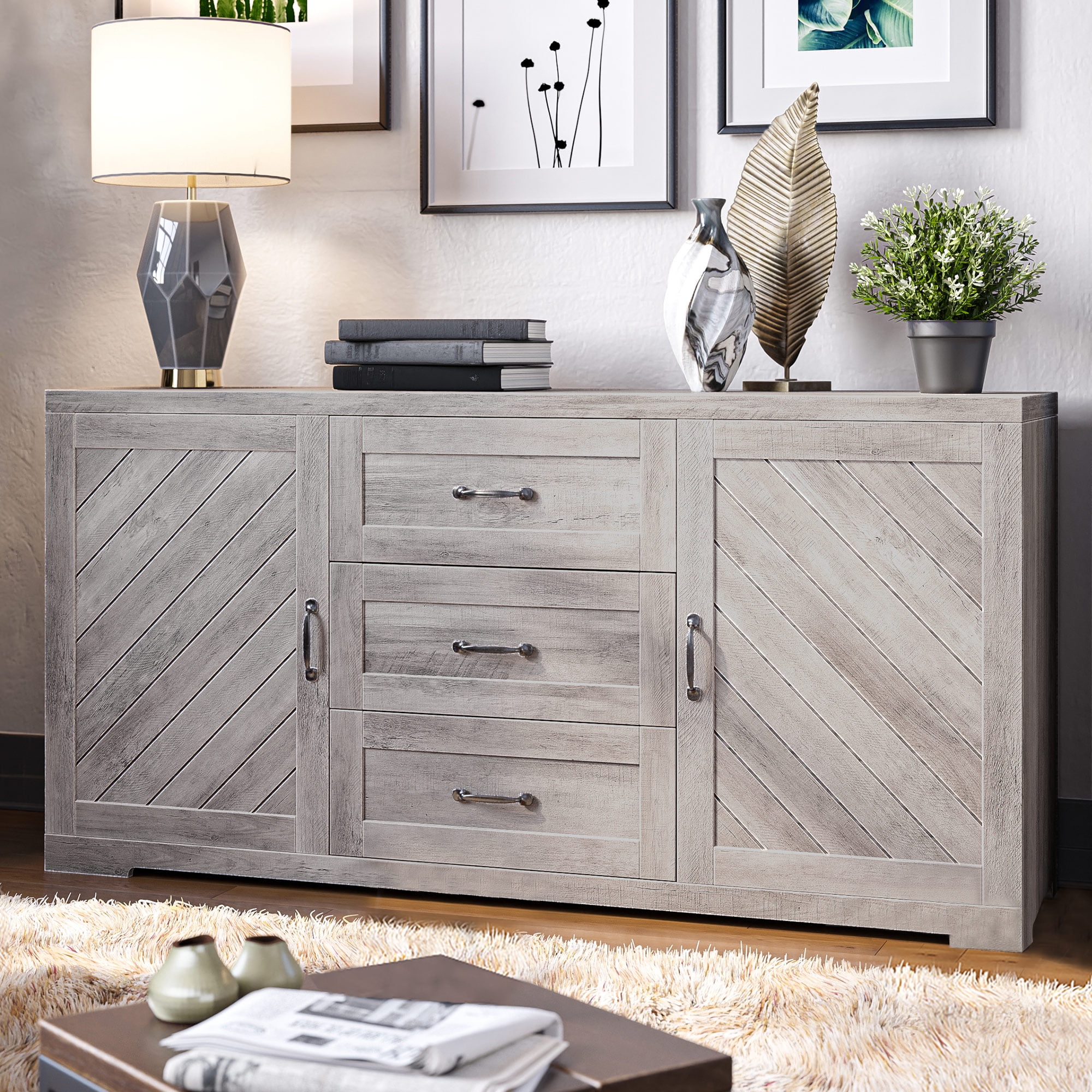 BELLEZE Modern Farmhouse Sideboard, Console Table Or Buffet With Three Drawers & Four Shelves, Space Saving Media Storage Cabinet, Holds Up To 70lbs - Hilo (Gray Wash)