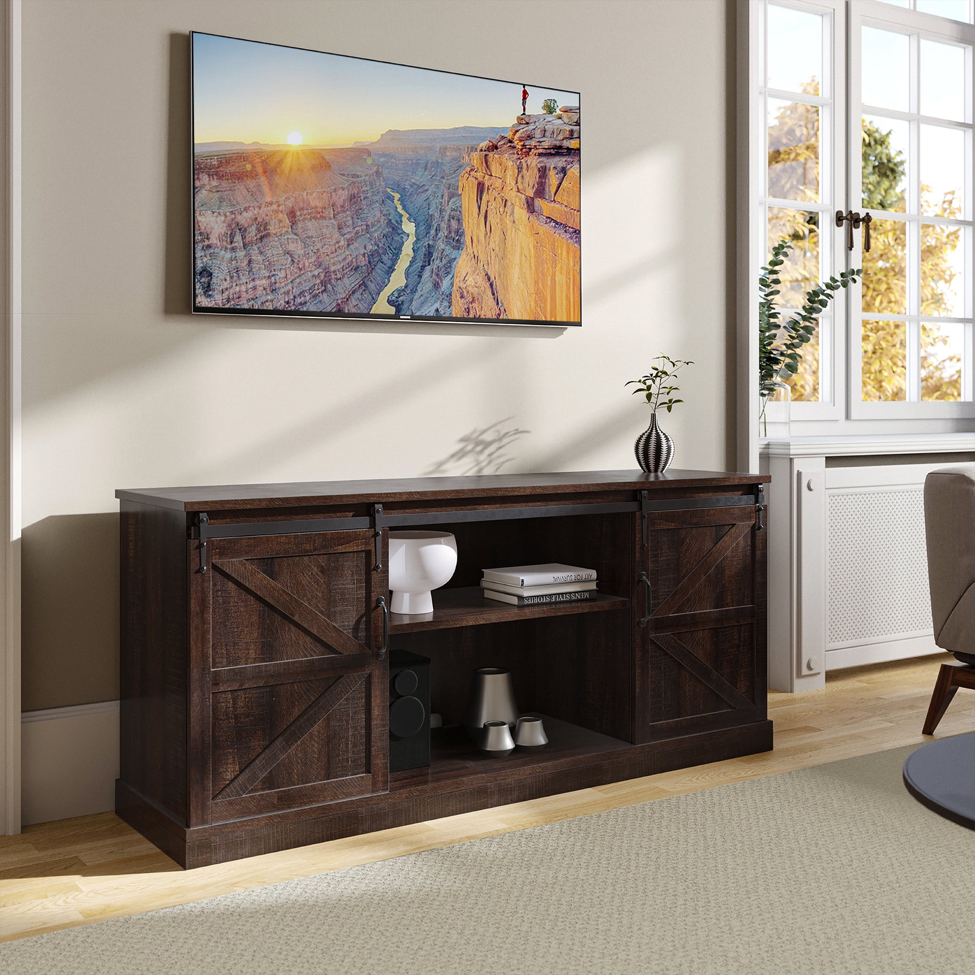 BELLEZE Modern Farmhouse Style 58 Inch TV Stand With Sliding Barn Door