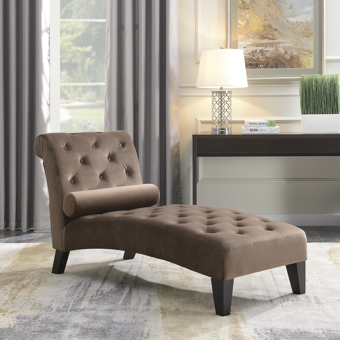 Brown Tufted Microfiber Chaise Lounge with Wood Legs