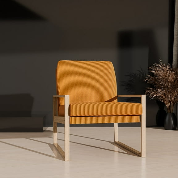 BELLEZE Modern Mustard Yellow Accent Chair, Mid-Century Corduroy Upholstered Lounge Chair, Wooden Frame Armchair for Living Room, Bedroom, or Office, Comfortable Padded Cushion