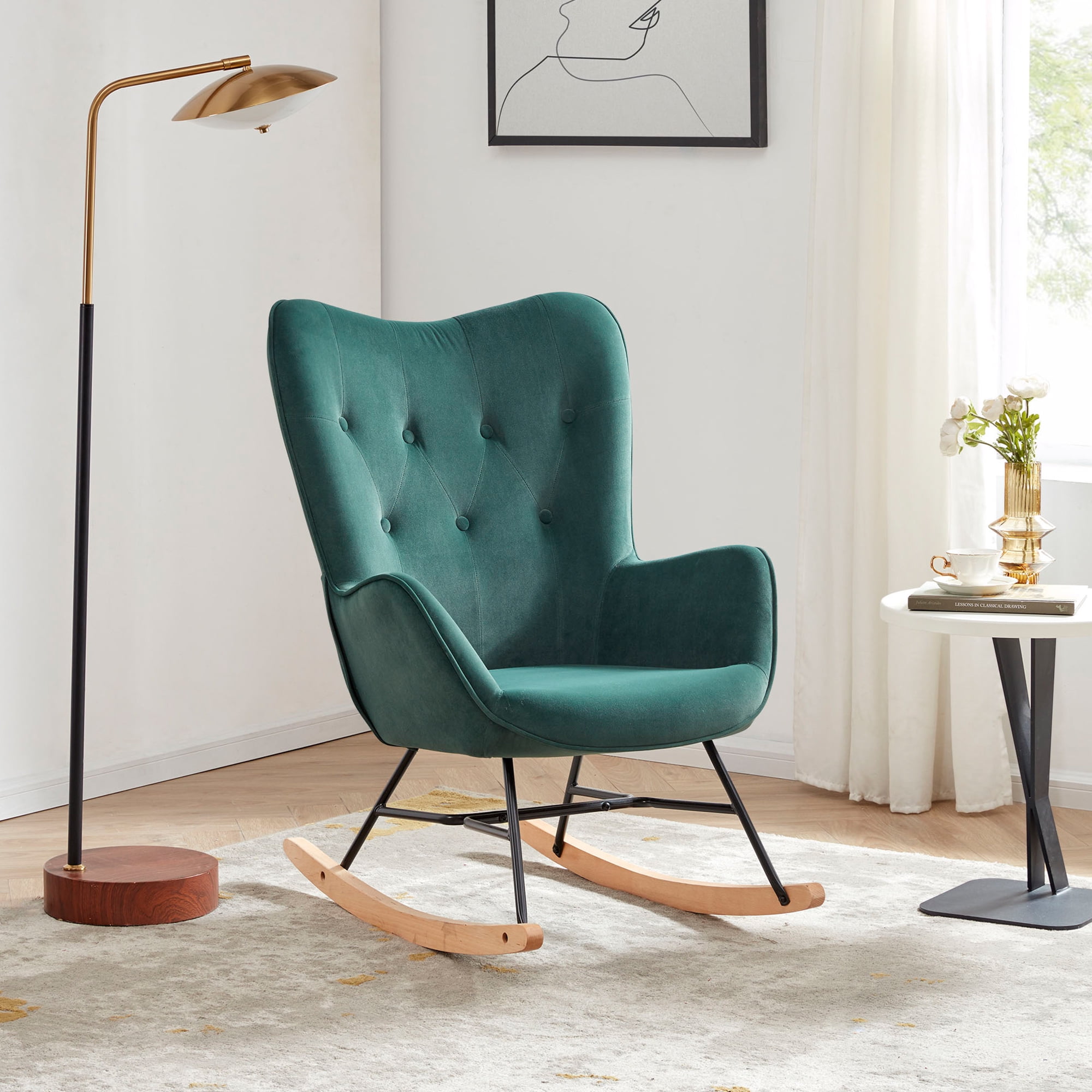BELLEZE Modern Rocking Chair Tufted Upholstered Velvet Accent Rocker Chair Solid Wood Leg Wing Back Nursery Glider Armchair Single Sofa Chair for