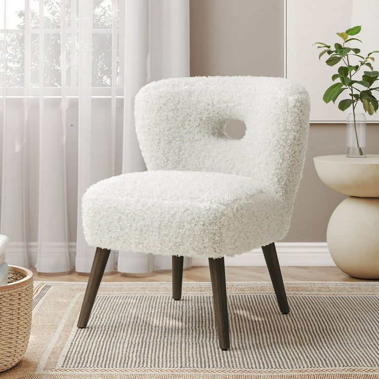 BELLEZE Modern Sherpa Accent Chair Upholstered Armless Furry Slipper Chair with Cutout Back Comfy Faux Furry Cute Corner Side Chair with Solid Wood Legs for Living Room Bedroom Makeup Room White