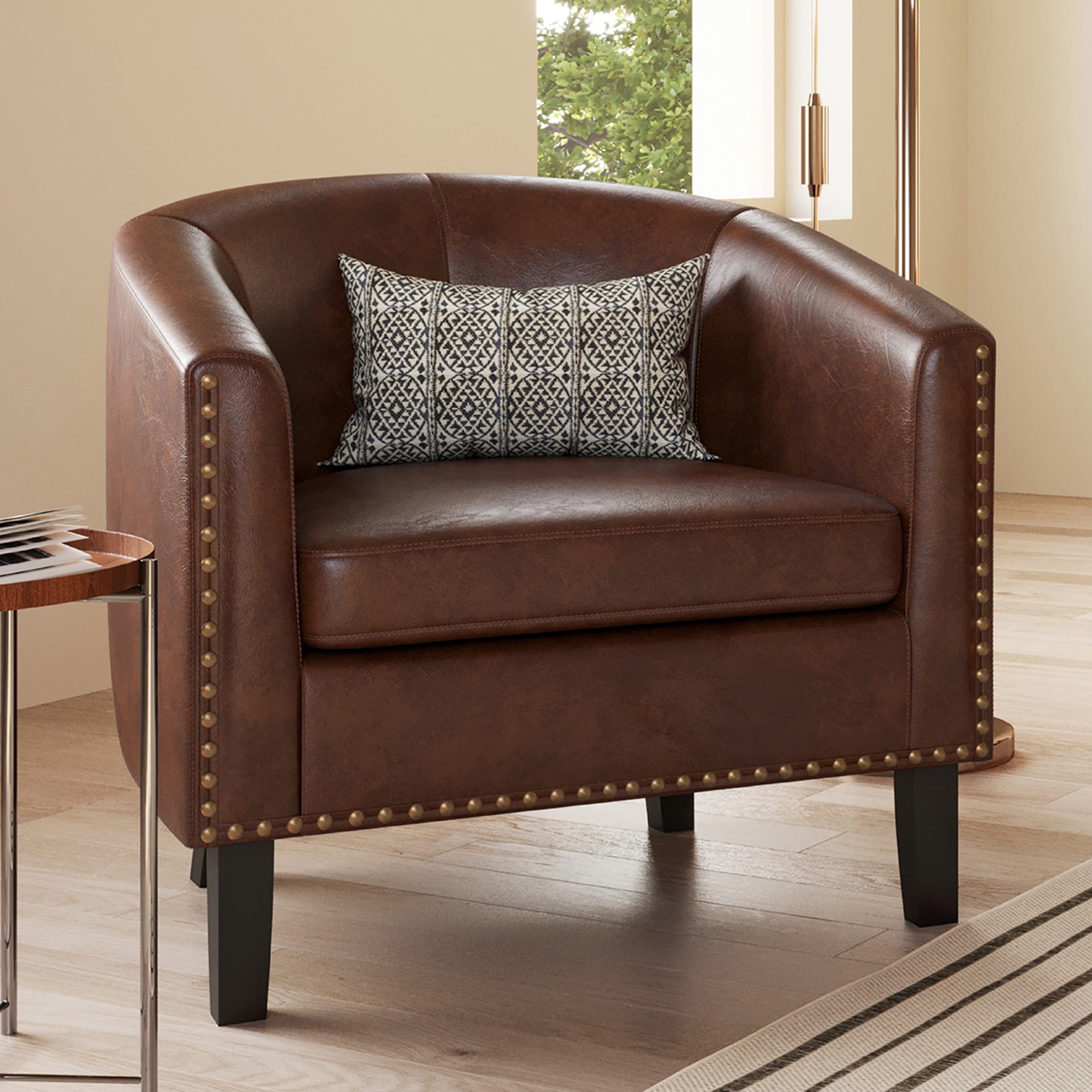 Kyara Modern Brown Faux Leather Barrel Accent Chair
