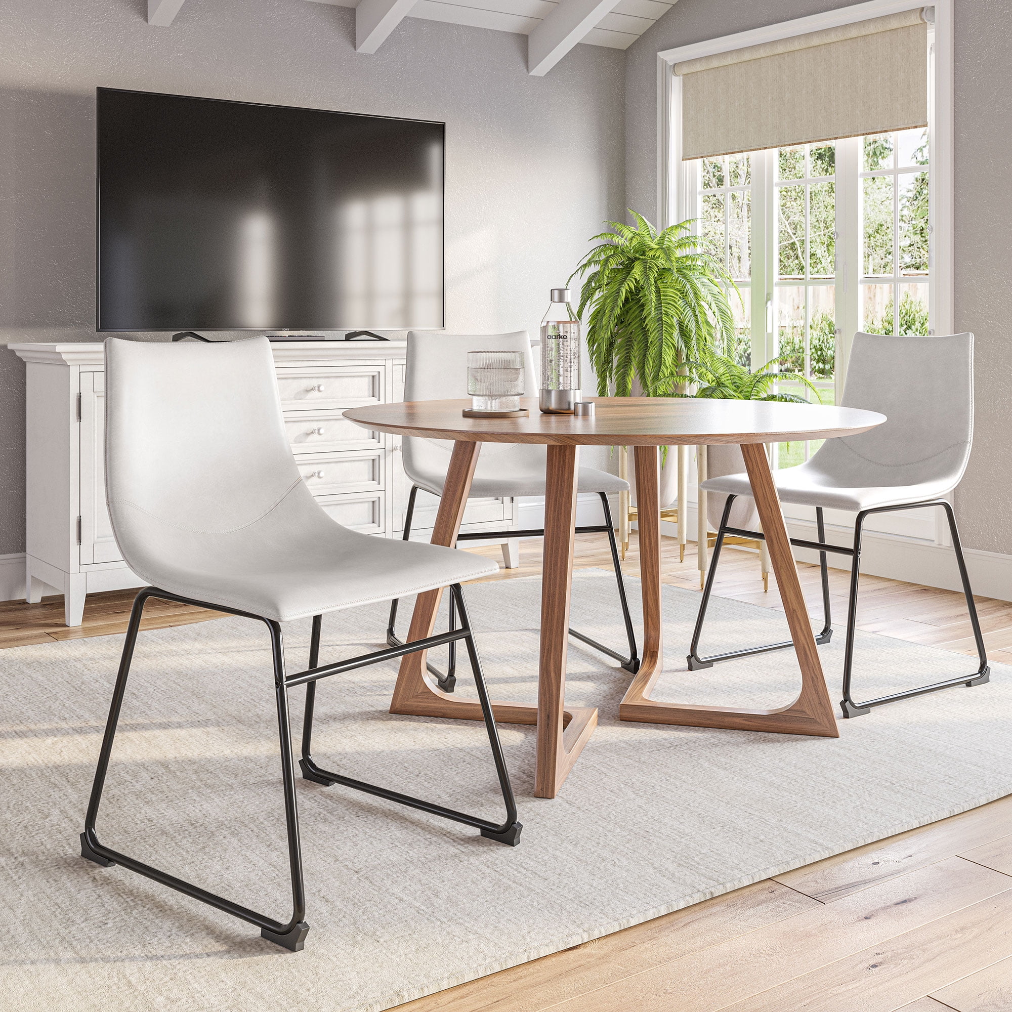 Modern White Faux Leather Upholstered Side Chair with Wood Legs