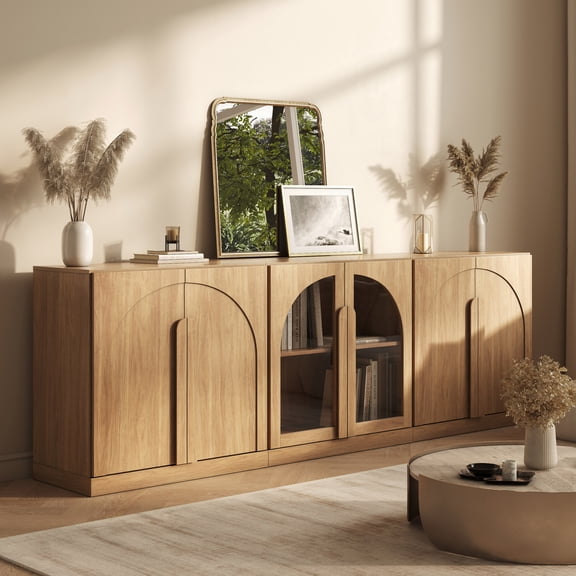 BELLEZE Modular 3-Piece Set Storage Cabinet, 2 Arched Wood Accent Cabinet and Display Glass Door Storage with Adjustable Shelf, Freely Configurable Sideboard for Living Room Kitchen, Camel