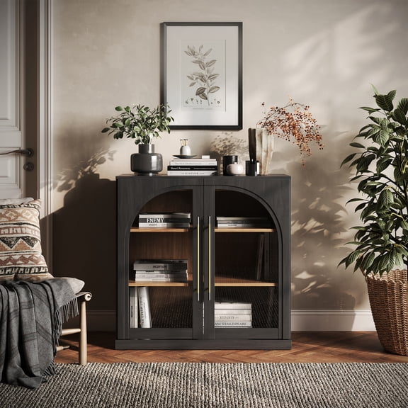 BELLEZE Modular Sideboard with Arched Glass Door, Accent Display Buffet Cabinet with Storage and Adjustable Shelves,Classic Modern Credenza for Dining Room Living Room Entryway (Ebony)