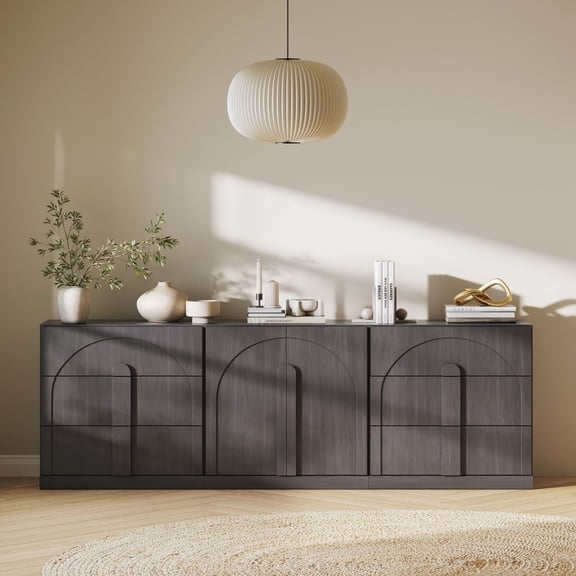 BELLEZE Modular Sideboard Cabinet Set, 3-Piece Modern Wood Buffet Cabinet contain Arched Cabinet and 2 3-Drawer Storage, Freely Configurable Credenza for Living Room Kitchen, Ebony