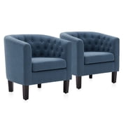 BELLEZE Navy Blue Accent Chairs for Living Room, Set of 2 Elegant Arm Chairs, Upholstered Tufted Barrel Chairs Club Chairs for Bedroom with Sturdy Legs and Linen Fabric - Berlinda Navy Blue