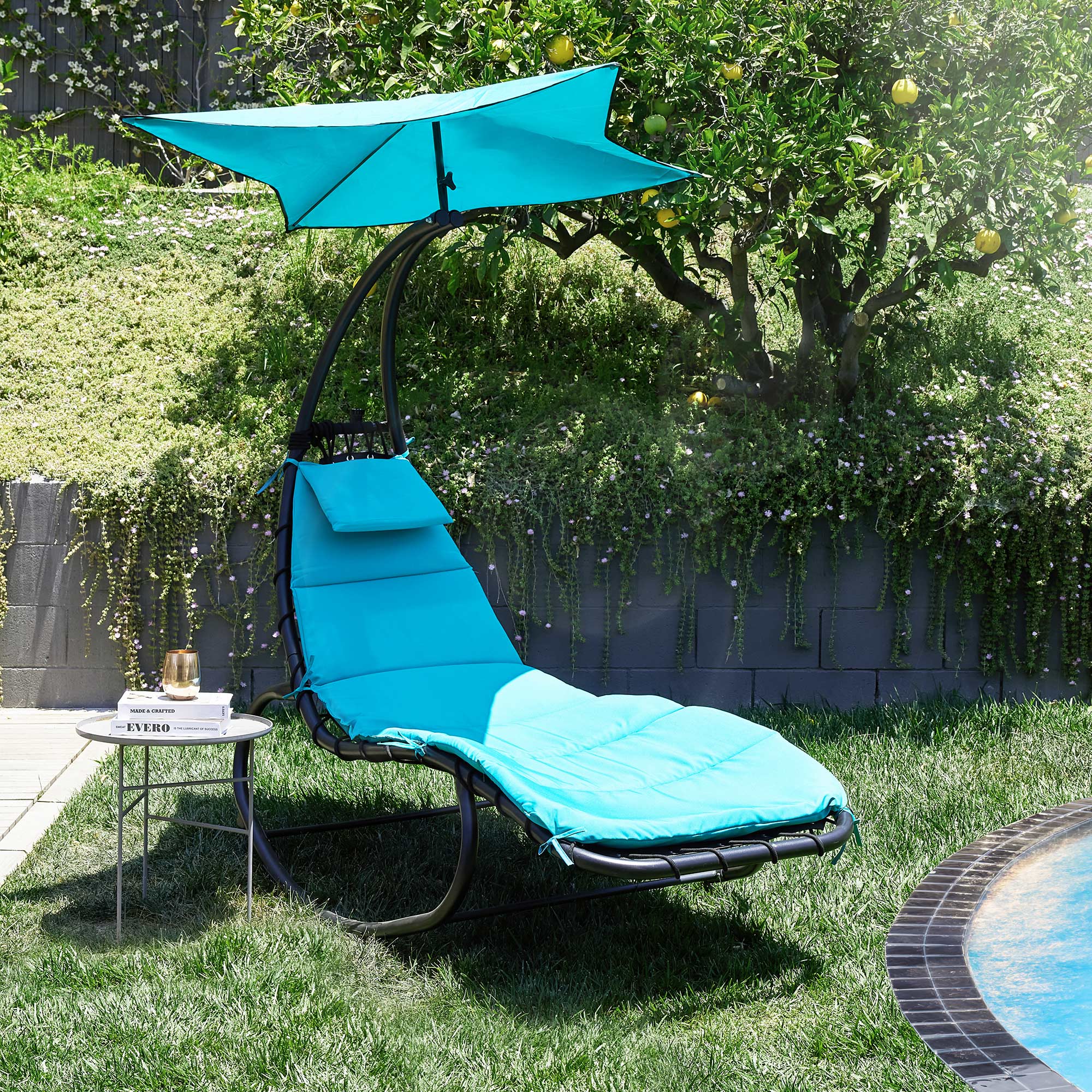 BELLEZE Outdoor Hanging Chaise Lounge Chair Swing Curved Cushion Seat Hammock With Canopy Sun Shade, Blue - image 1 of 4