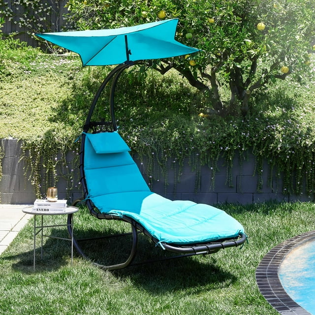 BELLEZE Outdoor Hanging Chaise Lounge Chair Swing Curved Cushion Seat Hammock With Canopy Sun Shade, Blue