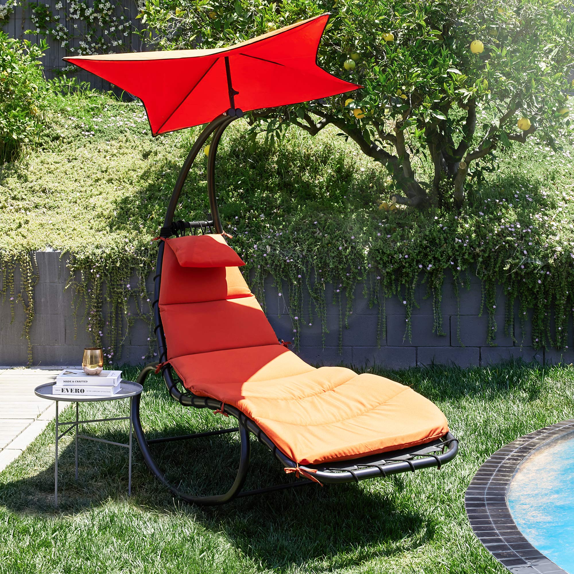 BELLEZE Outdoor Hanging Chaise Lounge Chair Swing Curved Cushion Seat Hammock With Canopy Sun Shade, Orange - image 1 of 4