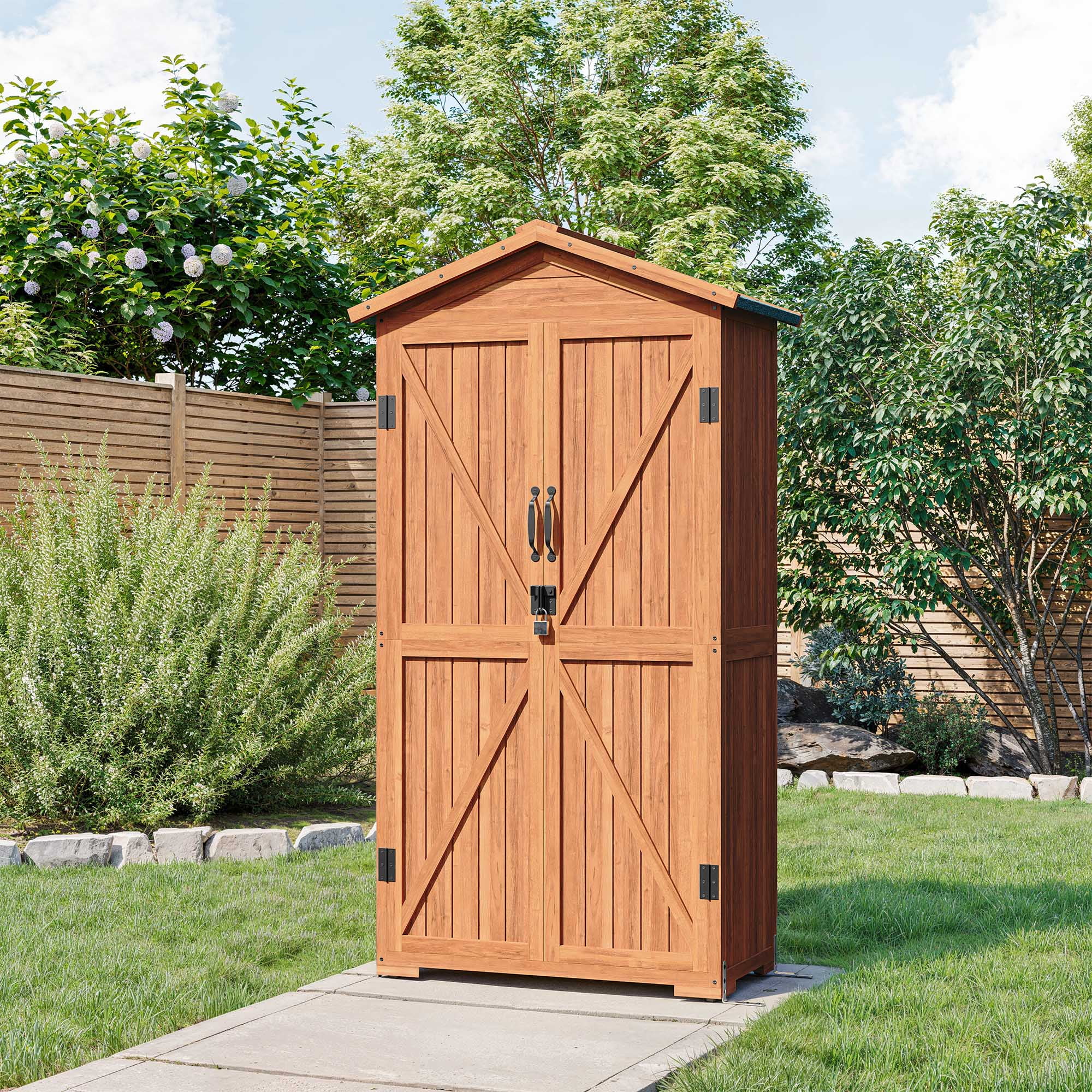 Tall Brown Fir Wood Outdoor Storage Shed with Shelves