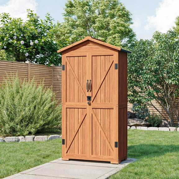 BELLEZE Outdoor Storage Shed with 4 Removeable Shelves, Wooden Garden Shed Lockable Tool Cabinet with Waterproof Roof, Outside Tall Tool Shed for Patio Backyard Lawn Yard - Wood