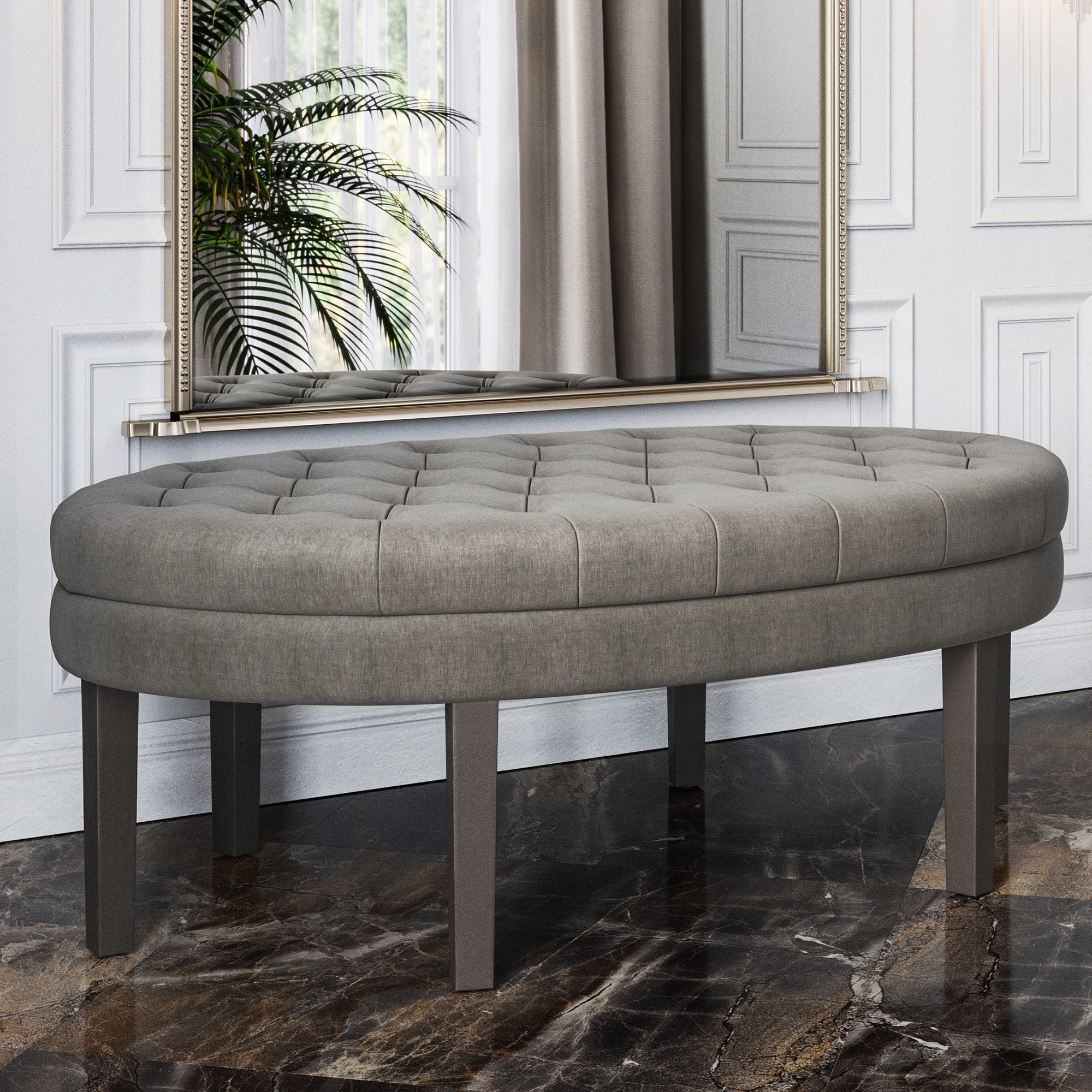 Dark Gray Linen Upholstered Oval Ottoman with Wood Legs