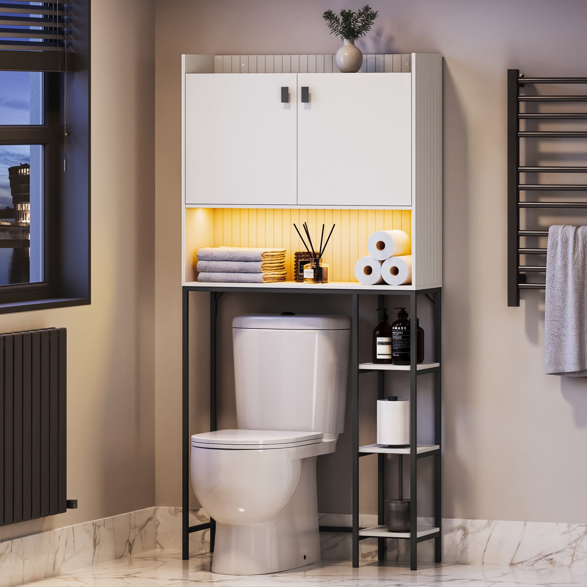 White Lockable Bathroom Cabinet with Adjustable Shelving and LED Lighting