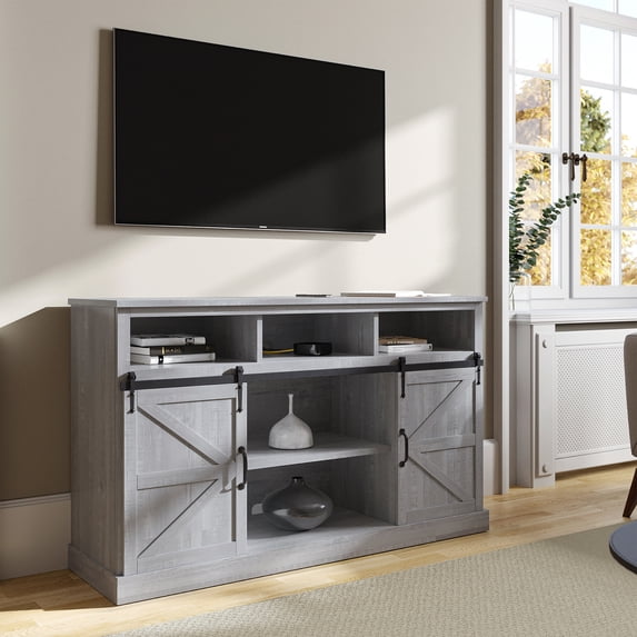 BELLEZE Parker 52" TV Stand Sliding Barn Door Console For TV's Up to 60" Entertainment Center, Stone Grey