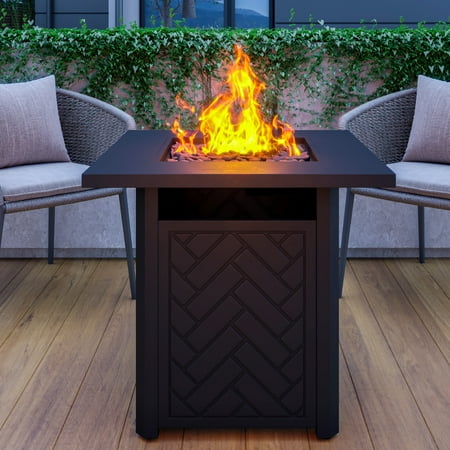BELLEZE Propane Gas Fire Pit Table, 28-Inch Outdoor Fire Pit, Auto-Ignition, 50,000 BTU, Propane Fire Table with Lava Rocks, CSA-Approved Fire Pit Table for Patio