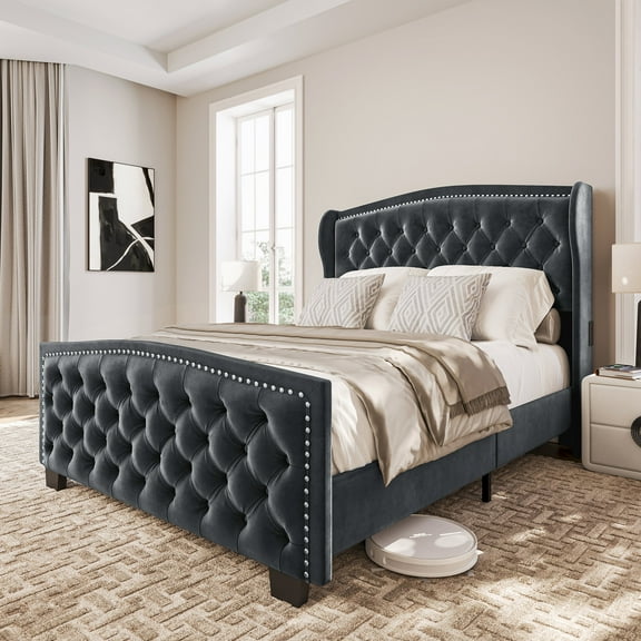 BELLEZE Queen Platform Bed Frame with Fast Charging Port, Upholstered Velvet Queen Size Bed Frame with Deep Button Tufted Headboard, Stable Headboard Bed frame, No Box Spring Needed - Oslo (Gray)
