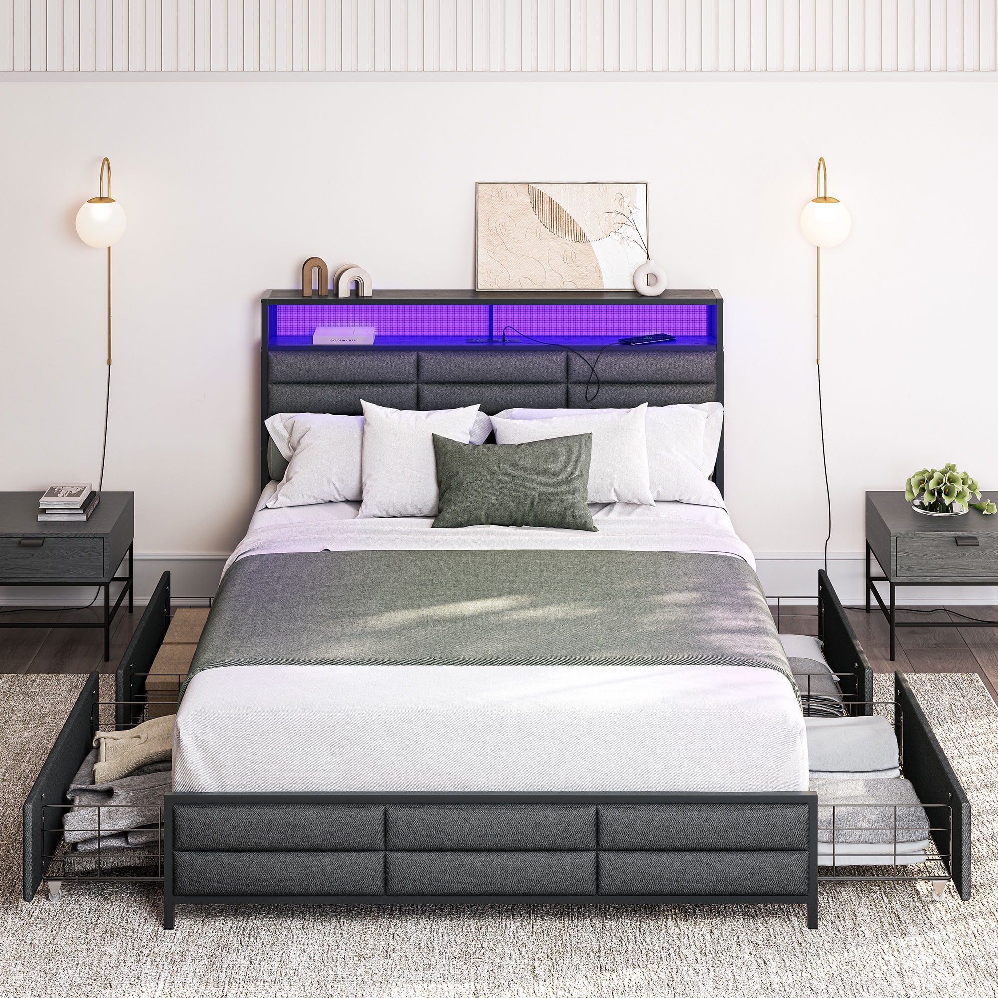 BELLEZE Queen Size Bed Frame with Storage Drawers and Headboard, Upholstered Platform Bed Frame