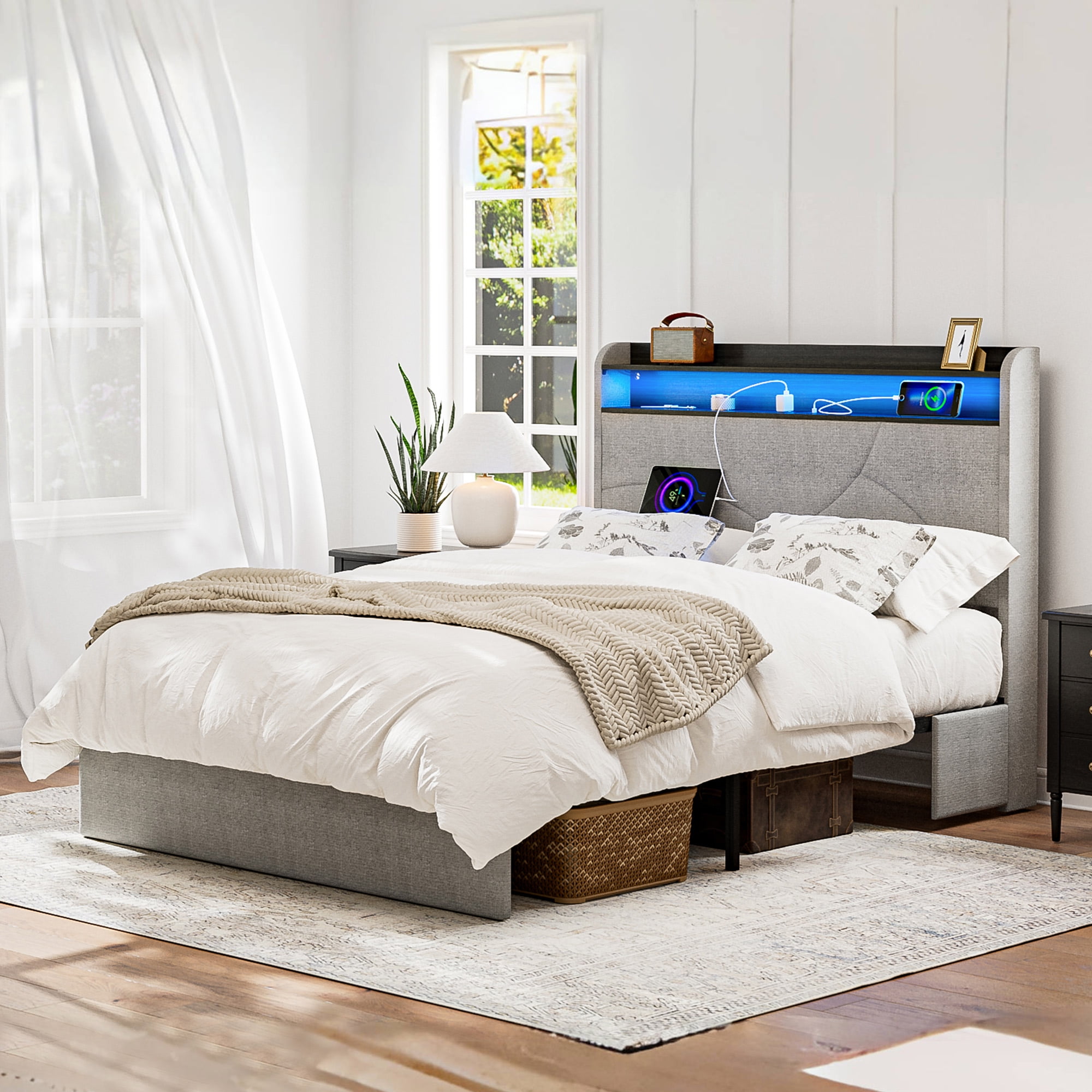 BELLEZE Queen Size Platform Bed Frame with Headboard and Charging ...