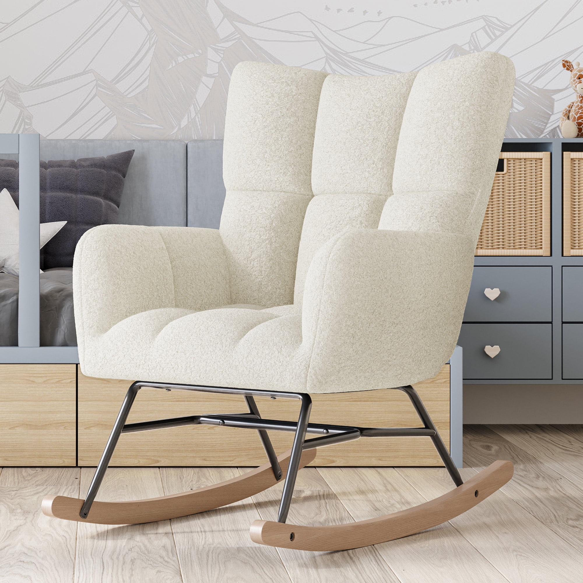 Lucy White Teddy Fleece Upholstered Nursery Rocking Chair