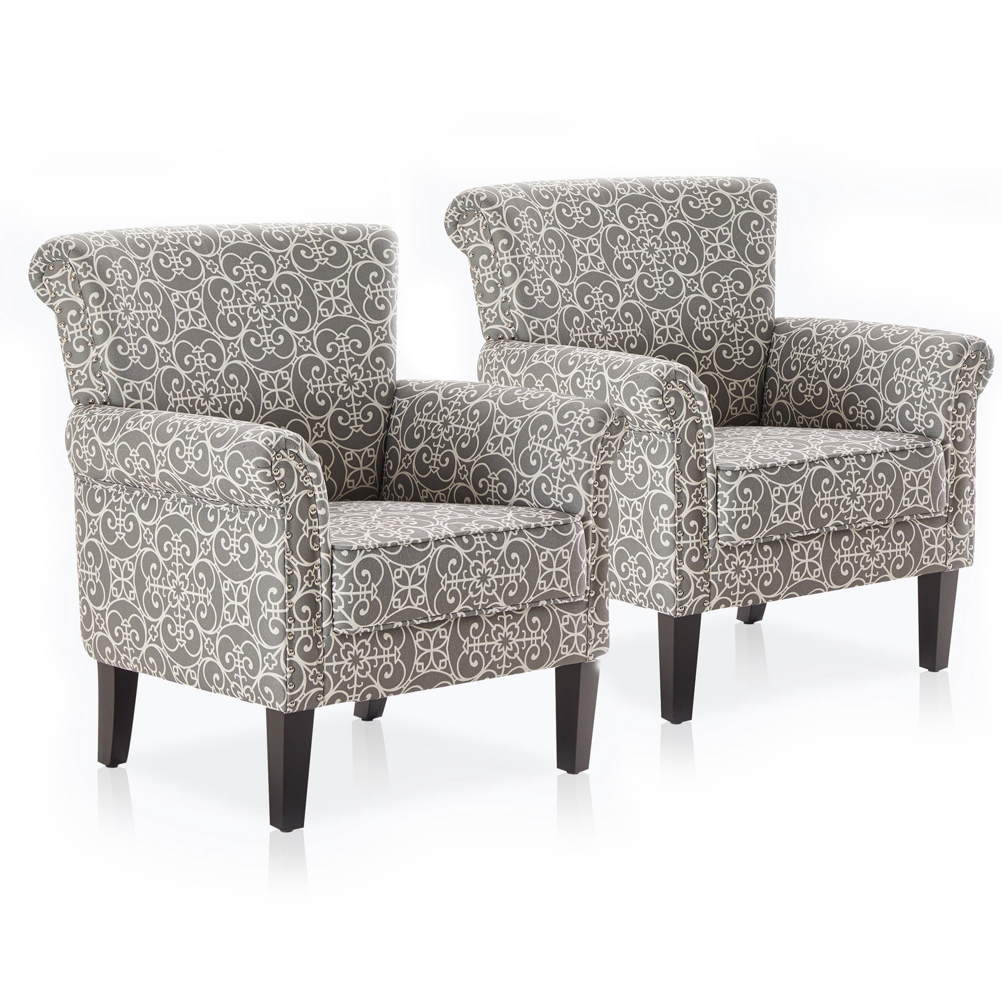 BELLEZE Rosette Scroll Arm Fabric Upholstered Club Chairs Set of 2 ...