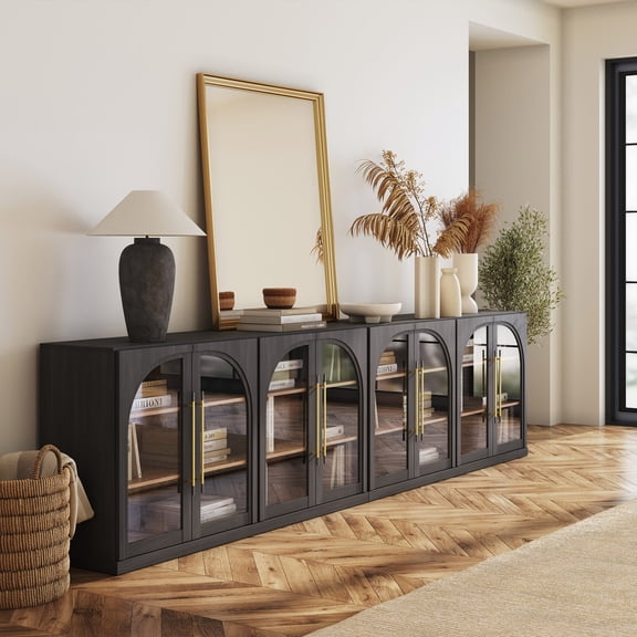 BELLEZE Set of 2 65" Arched Sideboard with Glass Door, Accent Buffet Cabinet with Storage and Adjustable Shelves, Classic Modern Large Console Table For Dining Room Living Room Entryway  (Ebony)