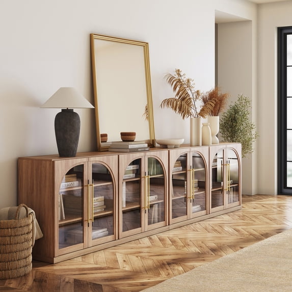 BELLEZE Set of 2 65" Arched Sideboard with Glass Door, Accent Buffet Cabinet with Storage and Adjustable Shelves, Classic Modern Large Console Table For Dining Room Living Room Entryway (Camel)